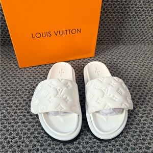Louis Vuitton White Embossed Slides